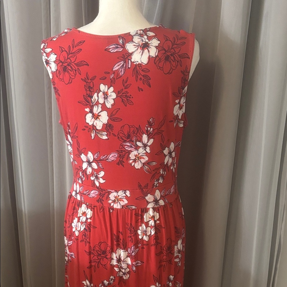 41 Hawthorn Red Floral Midi Dress Size L Sleeveless V Neck Faux Wrap - Picture 7 of 9